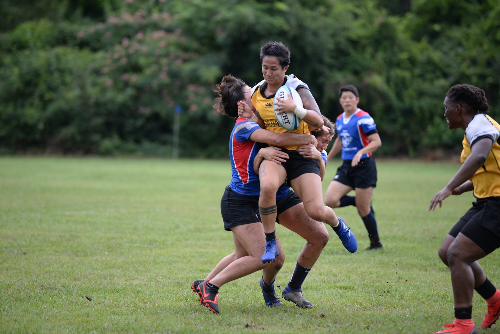 WILMINGTON, N.C. (June 5, 2019) Day one of the Inaugural Armed Forces Women's Rugby Championship held in Wilmington, N.C. from July 5-7, 2019.  This historic event features the best female Rugby players from the Army, Marine Corps, Navy, Air Force and Coast Guard, who will compete for the title of the first ever Women's Rugby Champs.  (U.S. Dept. of Defense photo by Chief Mass Communication Specialist Patrick Gordon/Released)