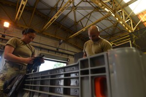 U.S. Air Force Airman 1st Class Nina Belen, 39th Logistics Readiness Squadron individual protection equipment journeyman, left, and Staff Sgt. Raul Balderas, 39th LRS IPE noncommissioned officer in charge, prepare gloves for issue June 25, 2019, at Incirlik Air Base, Turkey. The IPE flight prepares mobility bags for Airmen stationed at Incirlik to ensure they maintain a high state of readiness. (U.S Air Force Photo by Staff Sgt. Matthew Wisher)