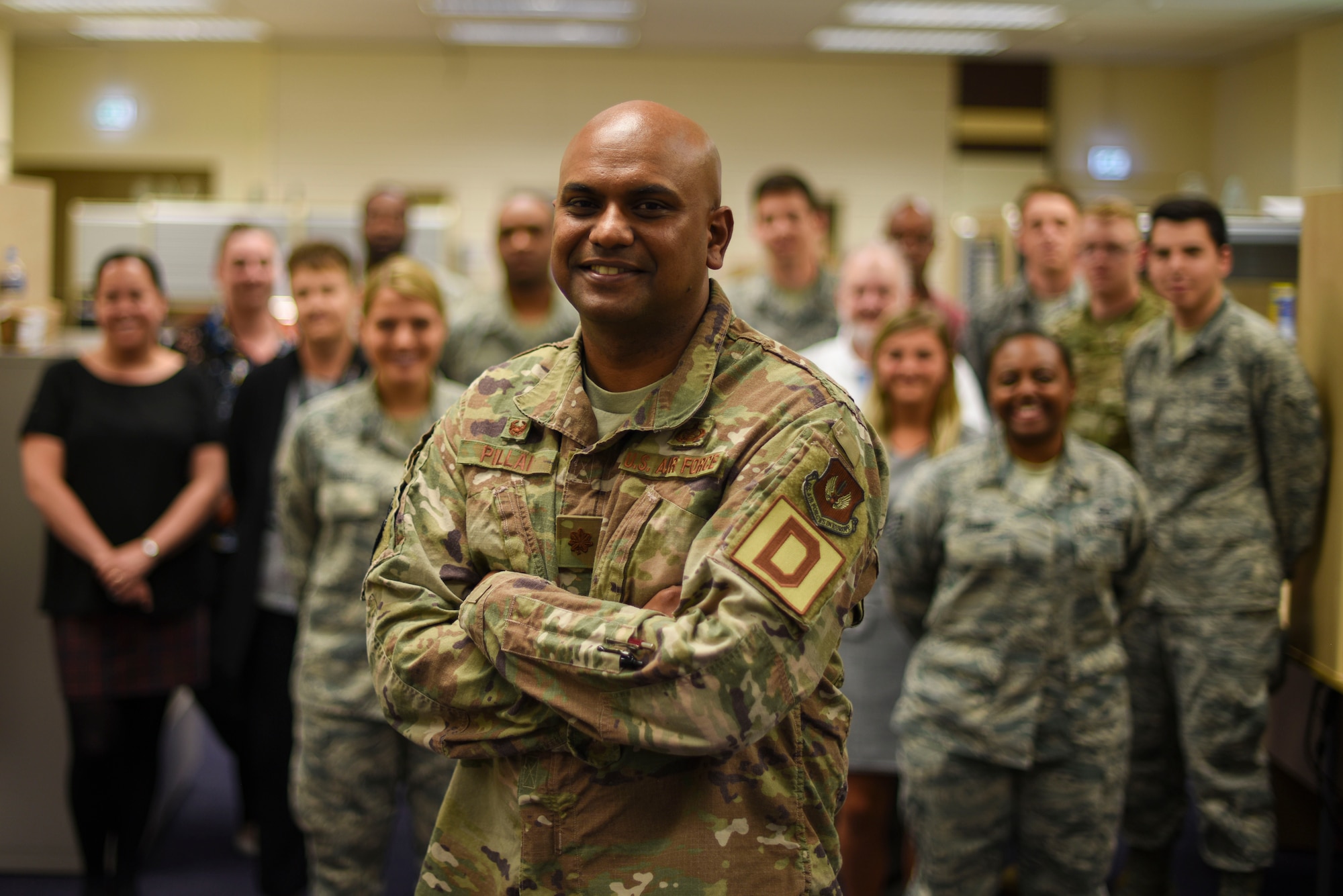 U.S. Air Force Maj. Triven Pillai stands with the finance office at RAF Mildenhall, England, June 17, 2019. Pillai emigrated to the United States from Fiji as a teenager before commissioning in the Air Force. (U.S. Air Force photo by Airman 1st Class Joseph Barron)