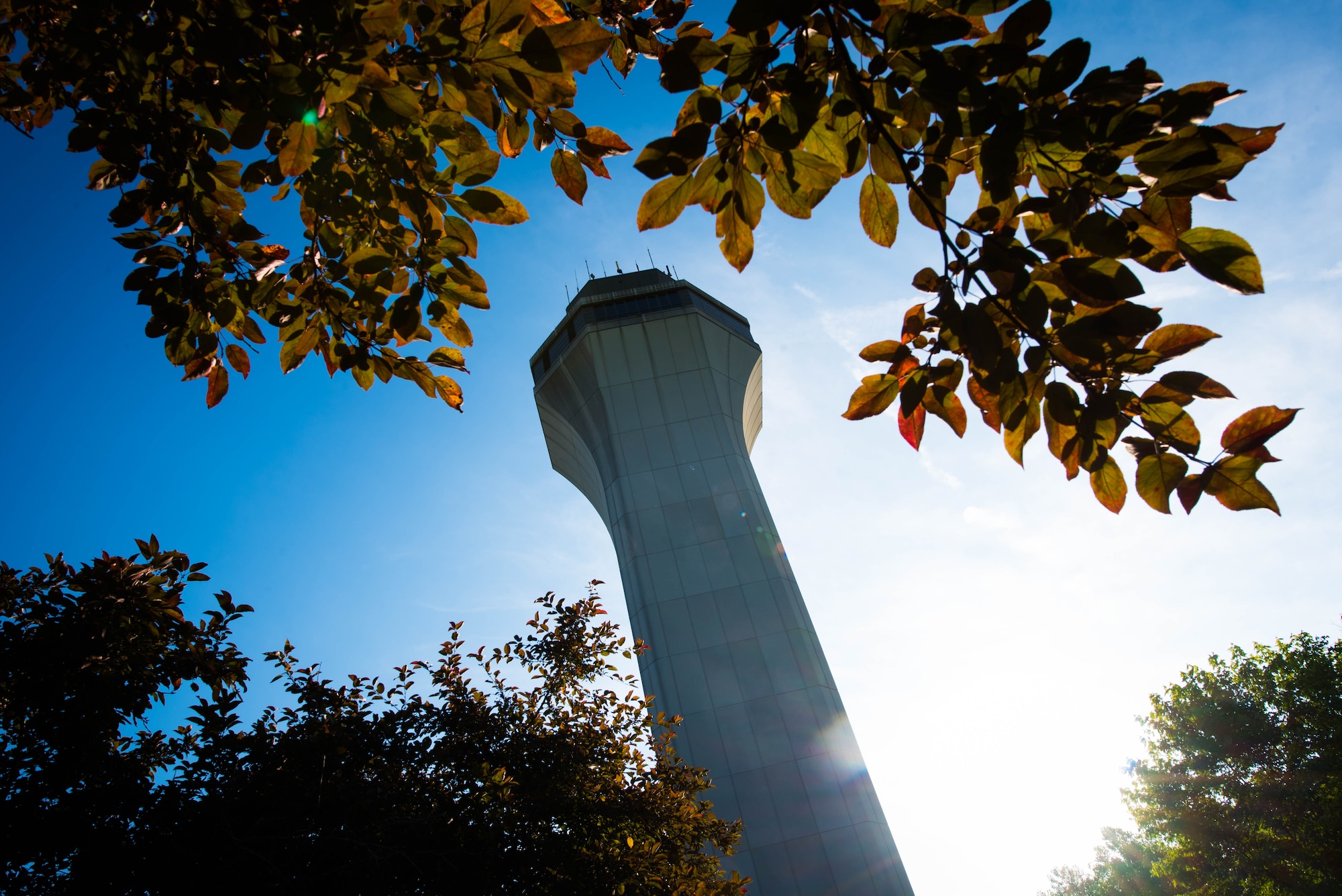 The air traffic control tower is seen through the trees