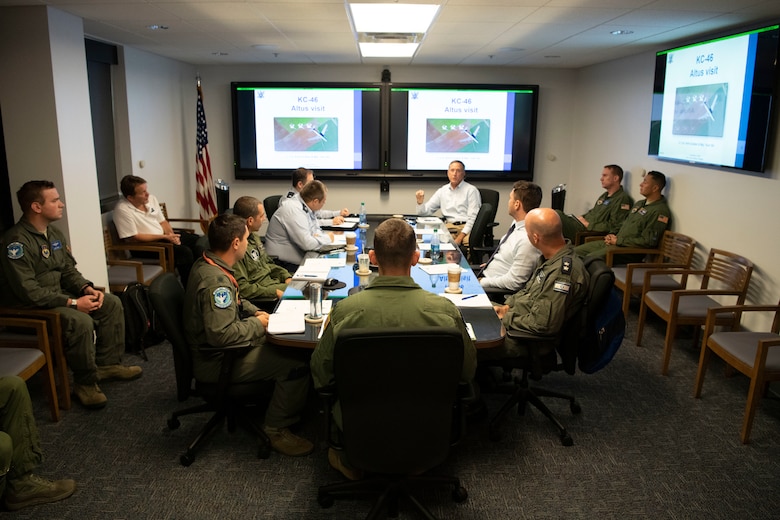 U.S. Air Force and Israeli air force Air Attaché to the United States of America representatives hold a meeting in the KC-46A Pegasus Formal Training Unit conference room, July 1, 2019, at Altus Air Force Base, Okla. The IAF was participating in an immersion tour of the 56th Air Refueling Squadron to explore replacing their 707 tanker fleet with the KC-46A. (U.S. Air Force photo by Airman 1st Class Breanna Klemm)