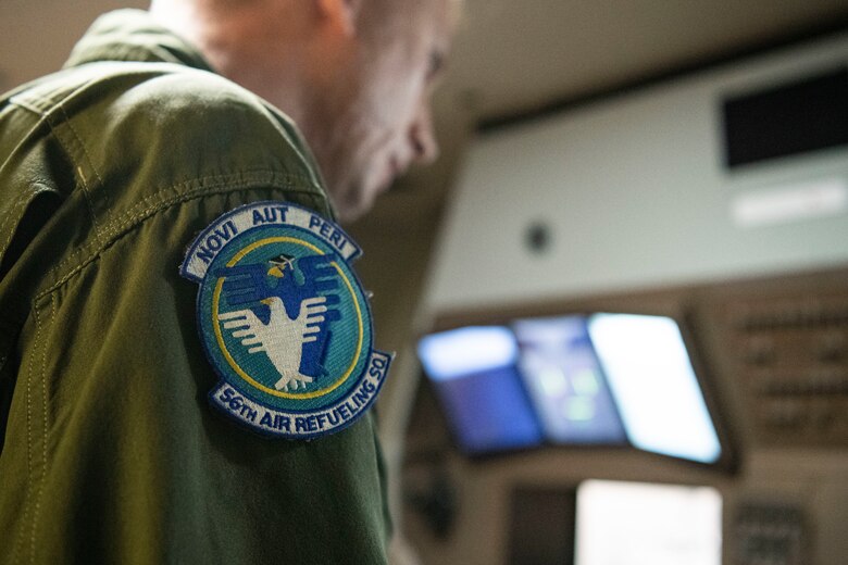 A member of the 56th Air Refueling Squadron watches a KC-46A Pegasus boom operator simulator demonstration, July 1, 2019, at Altus Air Force Base, Okla. The KC-46 is a wide body, multi-role tanker that can refuel all U.S., allied and coalition military aircraft compatible with international aerial refueling procedures. (U.S. Air Force photo by Airman 1st Class Breanna Klemm)