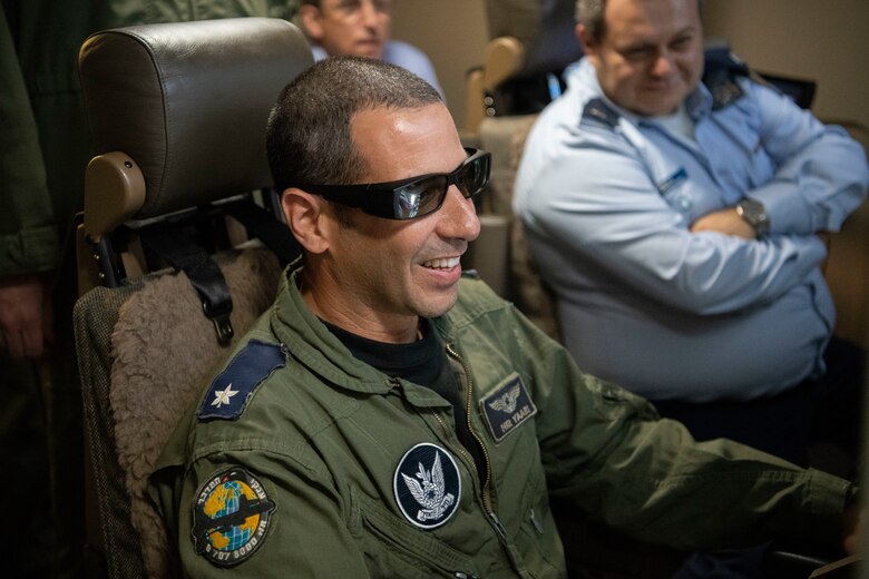An Israeli air force Air Attaché to the United States of America member operates a KC-46A Pegasus boom operator simulator, July 1, 2019, at Altus Air Force Base, Okla. The visit from the IAF included a Formal Training Unit status briefing on training and construction, along with a KC-46A capability brief following time in a flight simulator. The trip concluded with a familiarization flight onboard a KC-46A. (U.S. Air Force photo by Airman 1st Class Breanna Klemm)