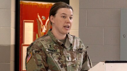 1st Lt. Jennifer Kuhnert, a chaplain with the Wisconsin Army National Guard’s 257th Brigade Support Battalion, speaks during a Jan. 13, 2019, memorial service for Staff Sgt. Madeline Wegner.