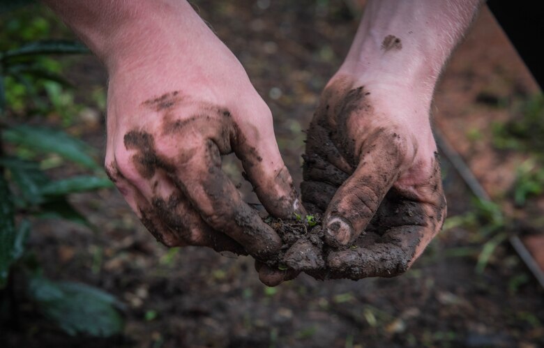 Airman 1st Class Jacob Warren, Air Mobility Command intelligence analyst, picks weeds at a Ronald McDonald house in St. Louis