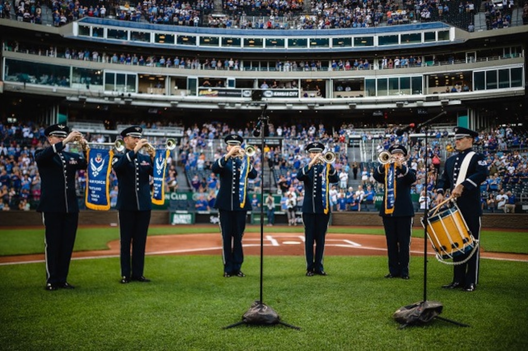 From the USAF Heartland of America Band, the Herald Trumpet Ensemble performs the national anthem at Kauffman Station inconjunction with a MLB game in Kansas City, Missouri.  3 July 2019