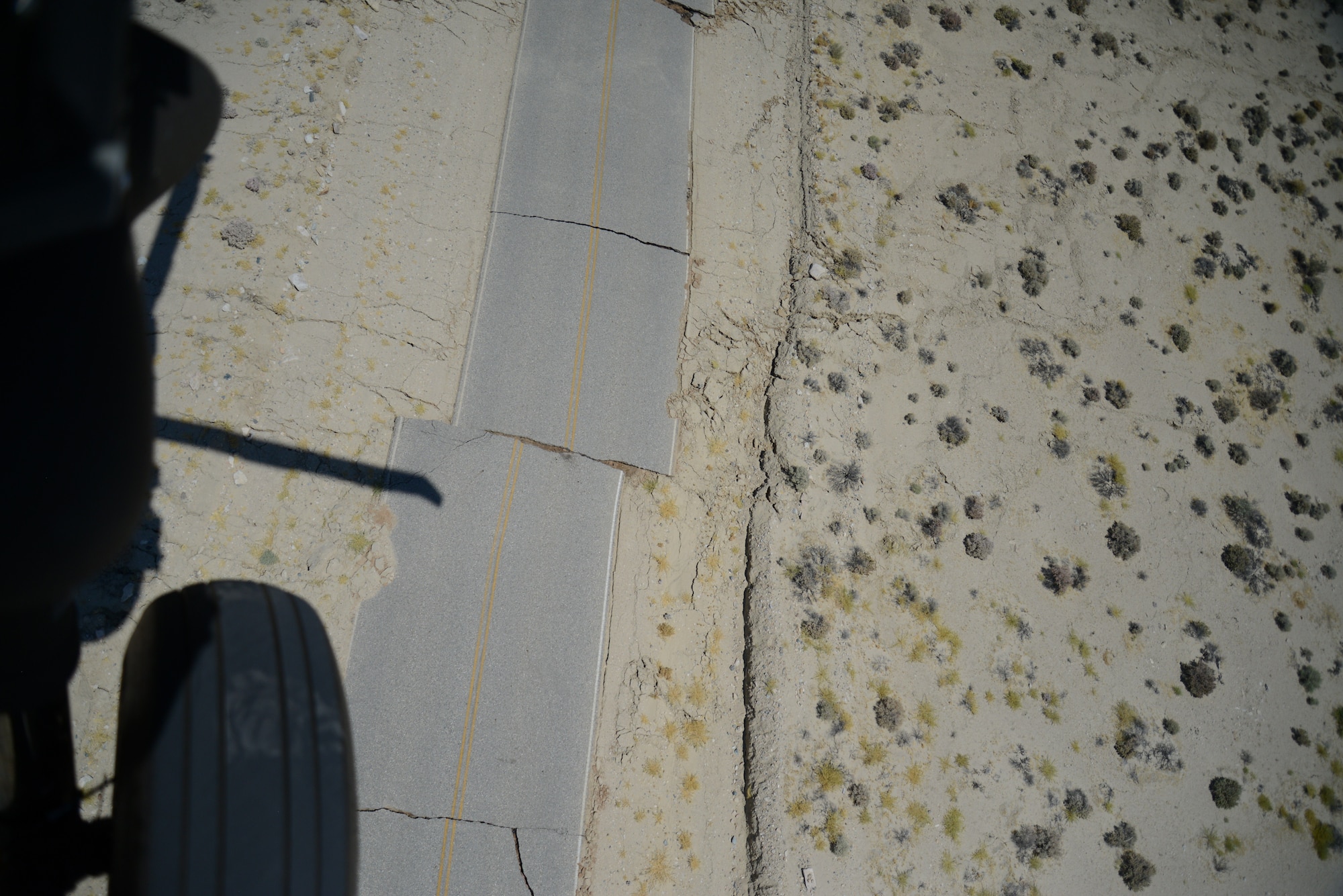 A portion of Highway 178 near Ridgecrest is damaged following two earthquakes July 4 and 5, as seen from a Blackhawk helicopter. (Photo courtesy of USGS)