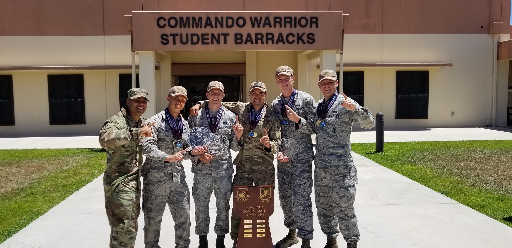 The 8th Security Forces Squadron 2019 Advanced Combat Skills Assessment team celebrate their victory following the weeklong competition at Andersen Air Force Base, Guam, June 28, 2019. The 8th SFS team competed against 10 teams of PACAF’s top defenders in numerous events that challenged the defenders’ mental and physical fortitude including hand-to-hand combatives, marksmanship, range estimation, physical fitness, land navigation and building clearing tactics. (Courtesy Photo)