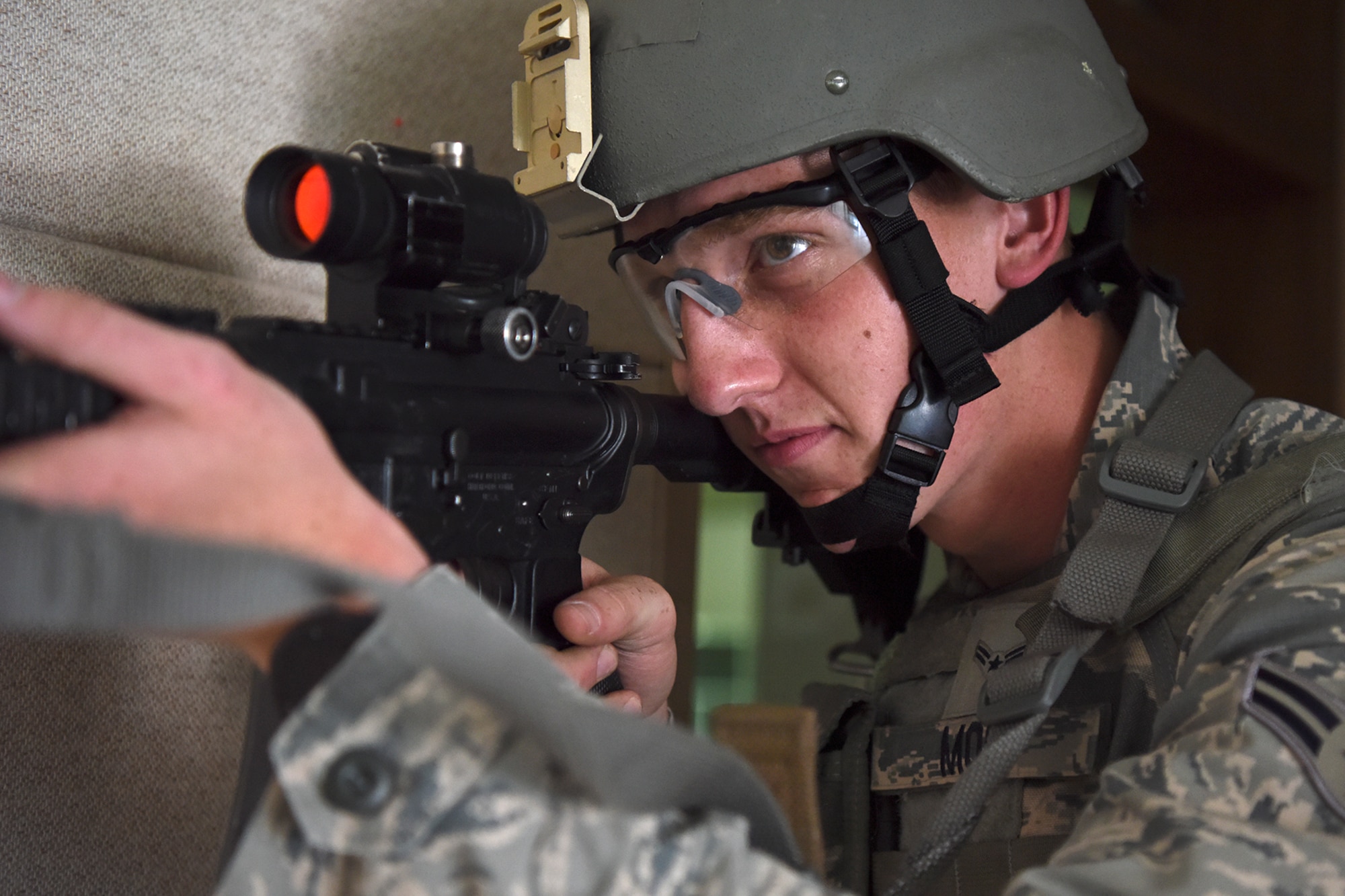 Airman 1st Class Cornelis Mol, 8th Security Forces Squadron 2019 Advanced Combat Skills Assessment team member, trains on clearing and breaching buildings at Kunsan Air Base, Republic of Korea, June 3, 2019. The five-person team trained for a month prior to traveling to Andersen Air Base, Guam, for the weeklong competition. (U.S. Air Force photo by Staff Sgt. Mackenzie Mendez)