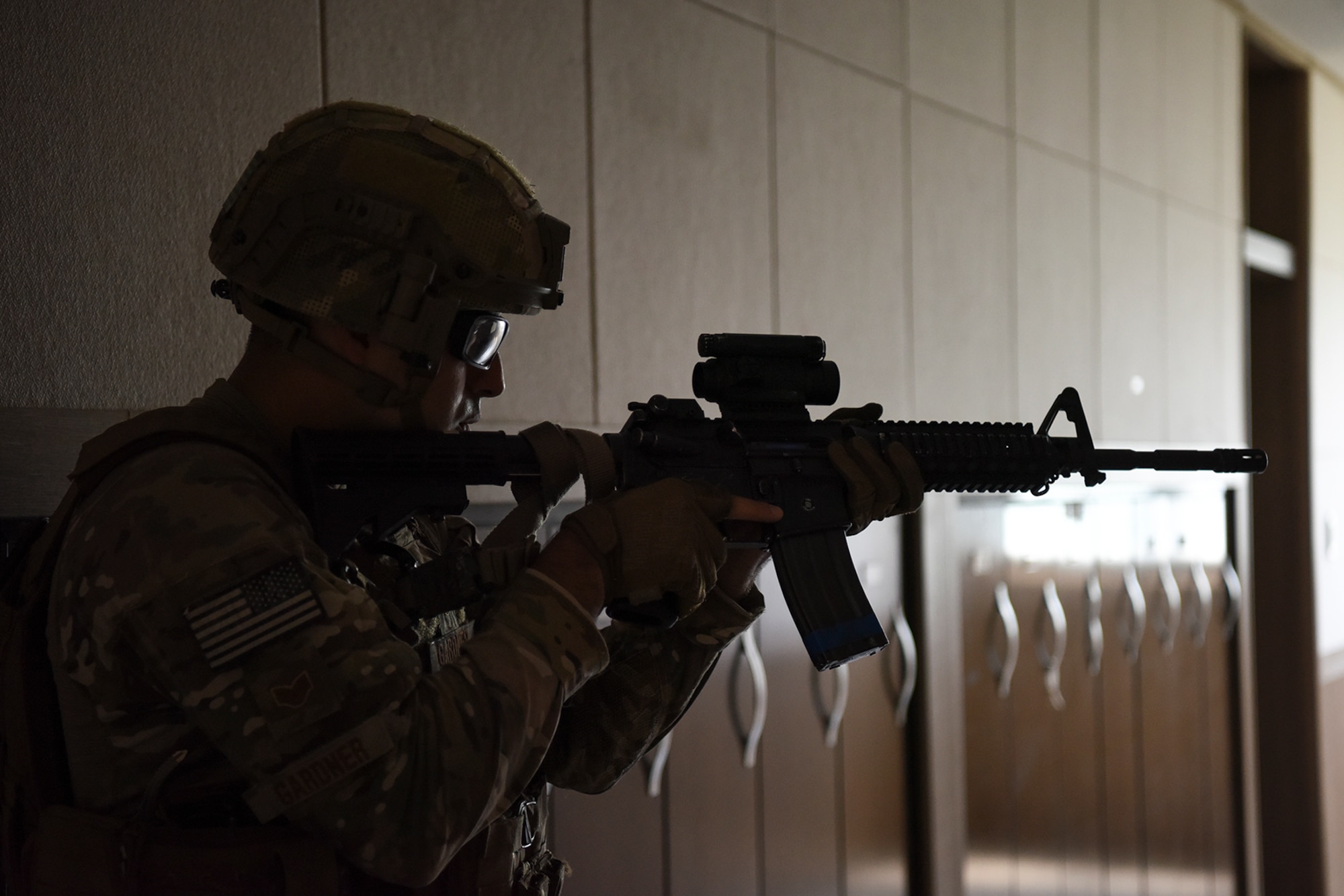 Staff Sgt. Richard Gardner, 8th Security Forces Squadron 2019 Advanced Combat Skills Assessment team member, trains on clearing and breaching buildings at Kunsan Air Base, Republic of Korea, June 3, 2019. The ACSA competition challenges security forces members with hand-to-hand combatives, marksmanship, range estimation, physical fitness, land navigation and building clearing tactics. (U.S. Air Force photo by Staff Sgt. Mackenzie Mendez)