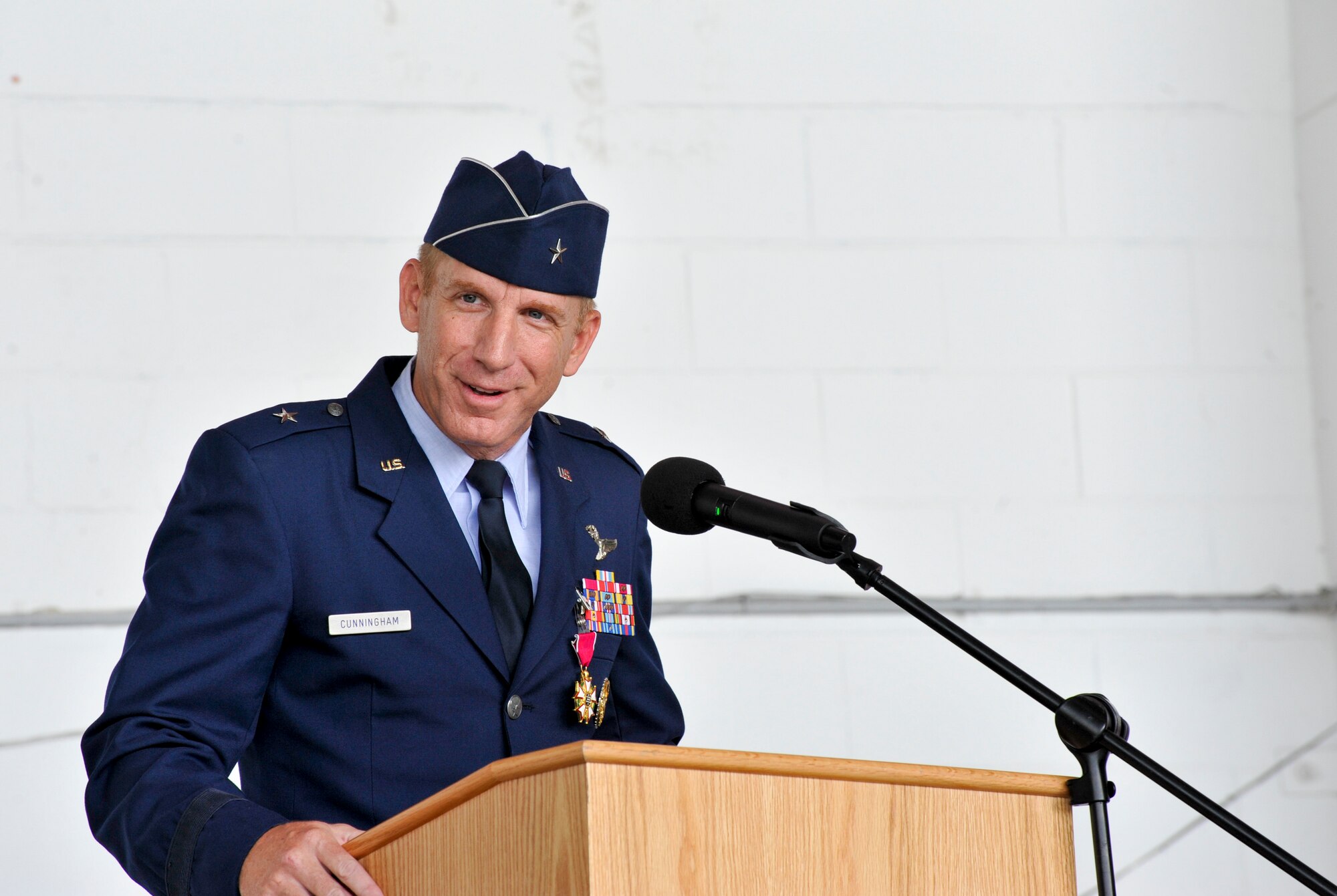 U.S. Air Force Brig. Gen. Case Cunningham, former 18th Wing commander, speaks during a change of command ceremony July 8, 2019, at Kadena Air Base, Japan.