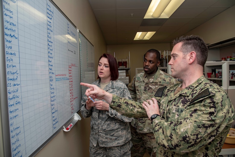 U.S. Air Force Staff Sgt. Vivian Johnson, AFMES Joint MWD Laboratory NCO in charge (left), discusses the upcoming Military Working Dog kennel inspection schedule with U.S. Army Staff Sgt. Joseph Tutt, AFMES Joint MWD laboratory manager (center), and U.S Navy Lt. Ken Lindsay, AFMES Joint MWD Laboratory chief, June 7, 2019. Johnson and Tutt conduct random inspections each month to ensure training aids for the MWDs are being handled correctly and those handling them have the proper authorization. (U.S. Air Force photo by Staff Sgt. Nicole Leidholm)