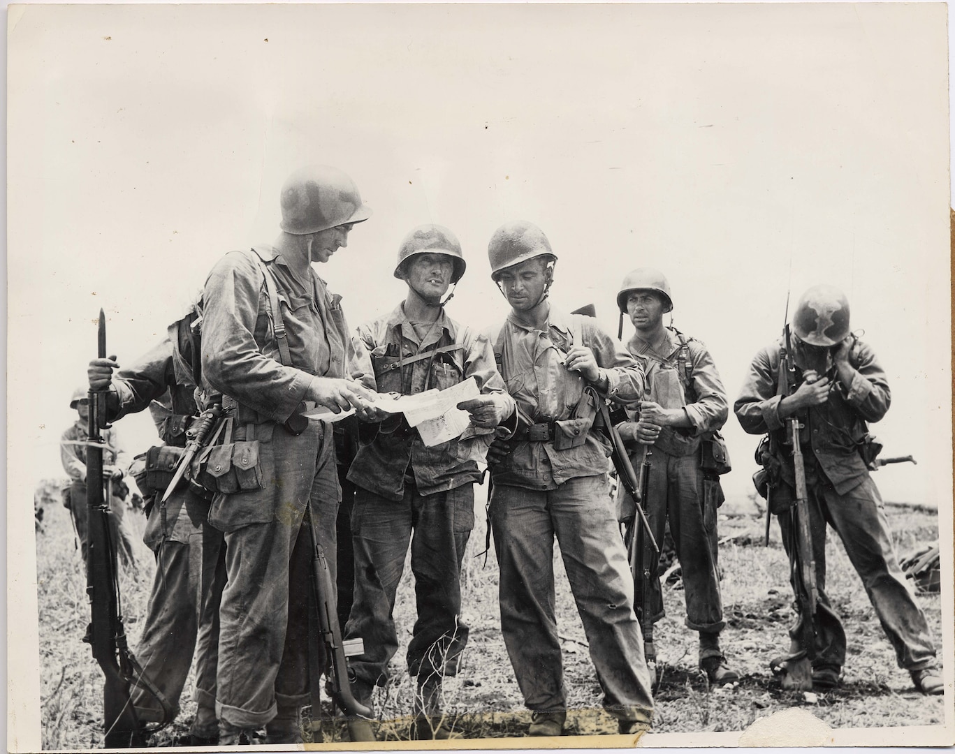 New York Army National Guard Lt. Col. William O'Brien, commander of the 1st Battalion, 105th Infantry Regiment, leads his unit in the relief of another outfit during the battle of Saipan, June 18, 1944. O'Brien would receive the Medal of Honor posthumously for his leadership and actions during the largest Japanese suicide charge of the Pacific Theater July 6-7, 1944.