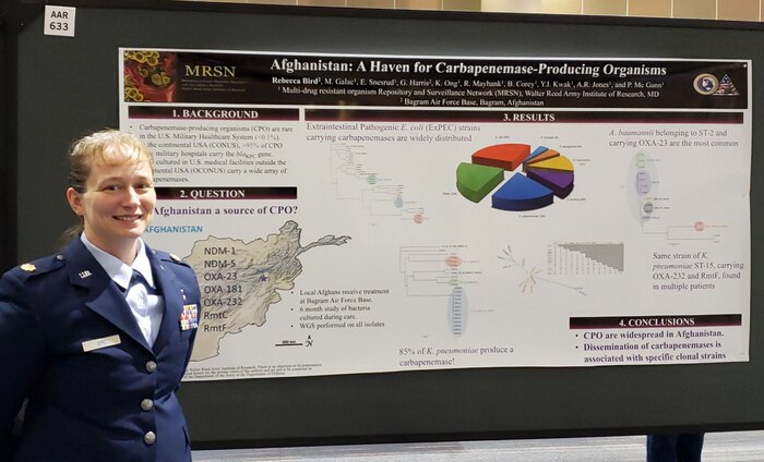 Maj. Rebecca Bird, 49th Medical Support Squadron laboratory flight commander, was invited by the Walter Reed Army Institute of Research to attend the American Society of Microbiology Conference in San Francisco, Calif., to share her findings from her deployment to Bagram Air Base, Afghanistan, April to Oct 2018. (U.S. Air Force photo by Staff Sgt. Christine Groening)