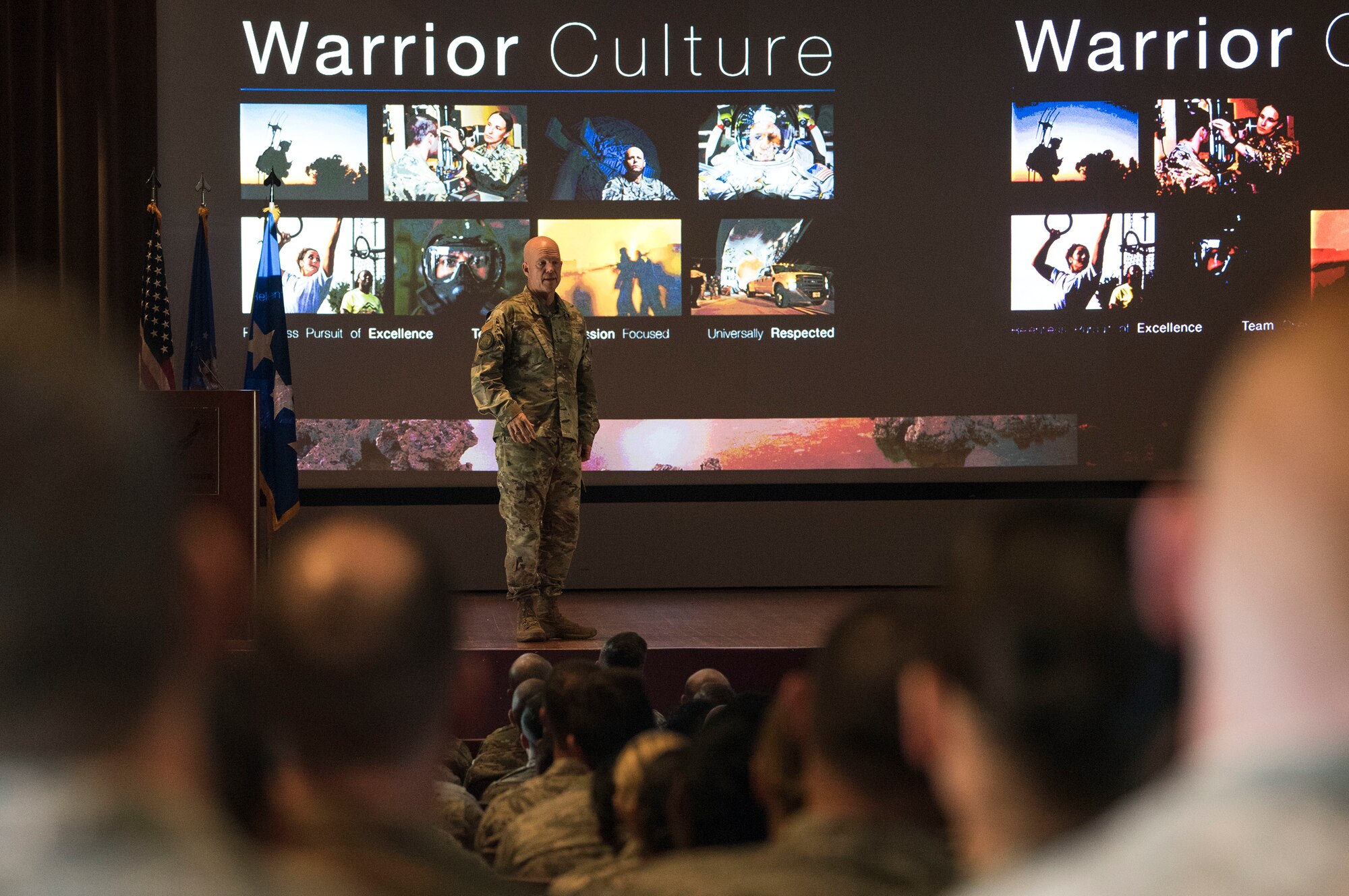 Gen. Jay Raymond, the commander Air Force Space Command and Joint Force Space Component Command, speaks during an all-call July 2, 2019, at Vandenberg Air Force Base, Calif. During the all-call, Raymond stressed the importance of space as a joint force and how space enables joint warfighting. (U.S. Air Force photo by Airman 1st Class Hanah Abercrombie)