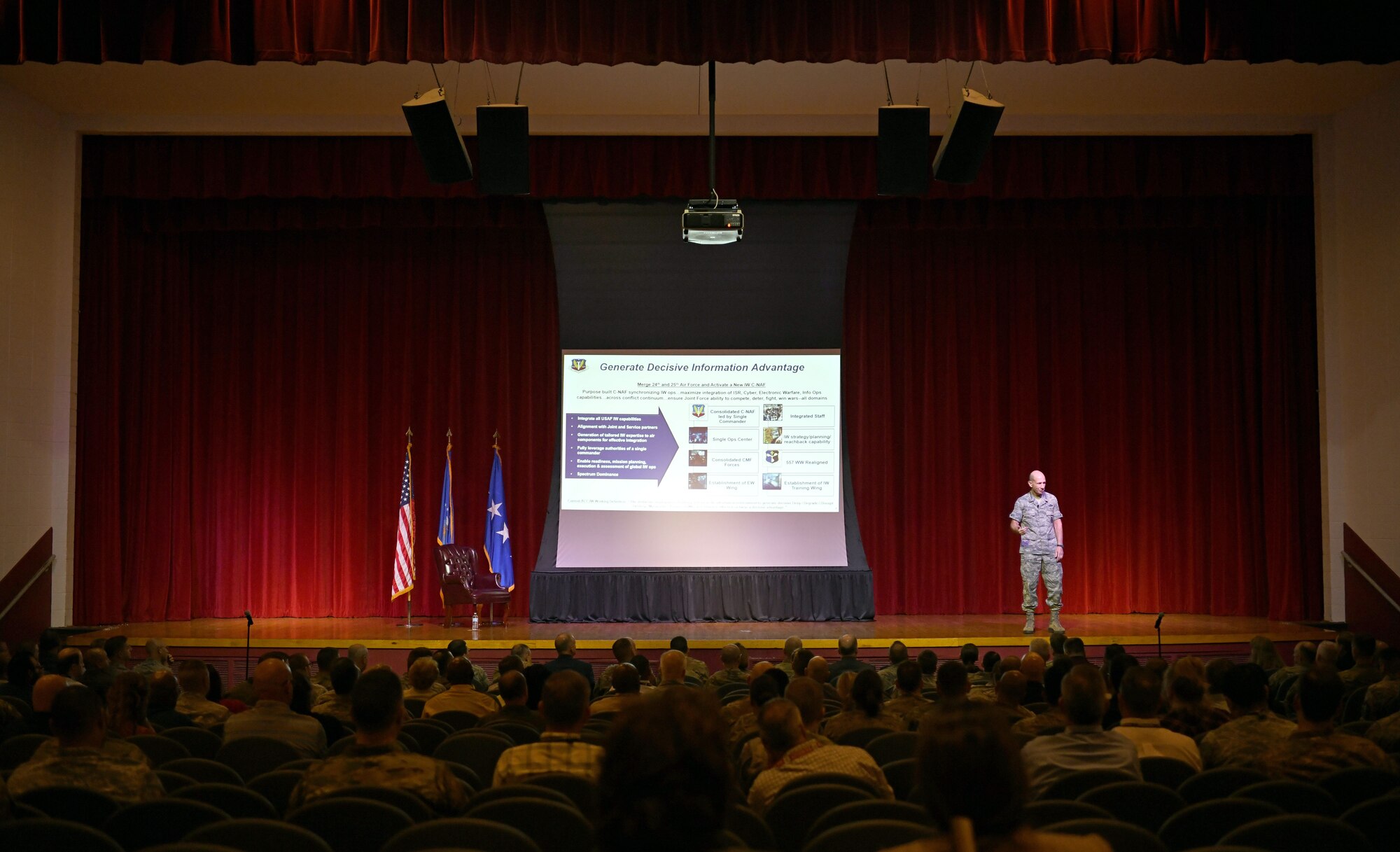 Photo of Gen. Mike Holmes, commander of Air Combat Command, discussing future 24th/25th Air Force merger at a town hall meeting.