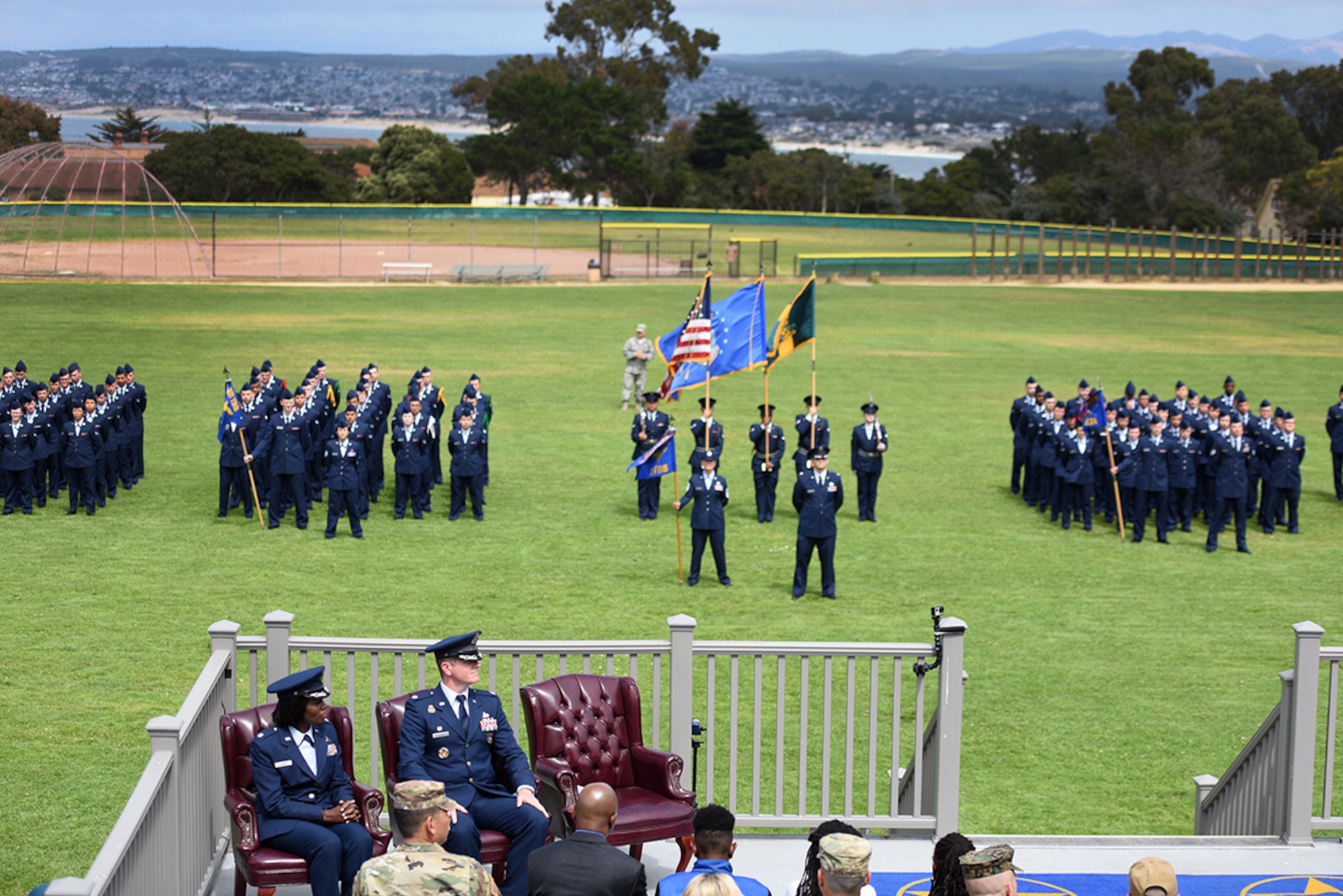 Airmen from the 311th Training Squadron stand in formation on Soldier Field at the Presidio of Monterey, California, during the change of command, July 8, 2019. The 311th TRS develops world class language enabled warrior Airmen in Support of the 17th Training Wing’s mission. (Courtesy Photo)