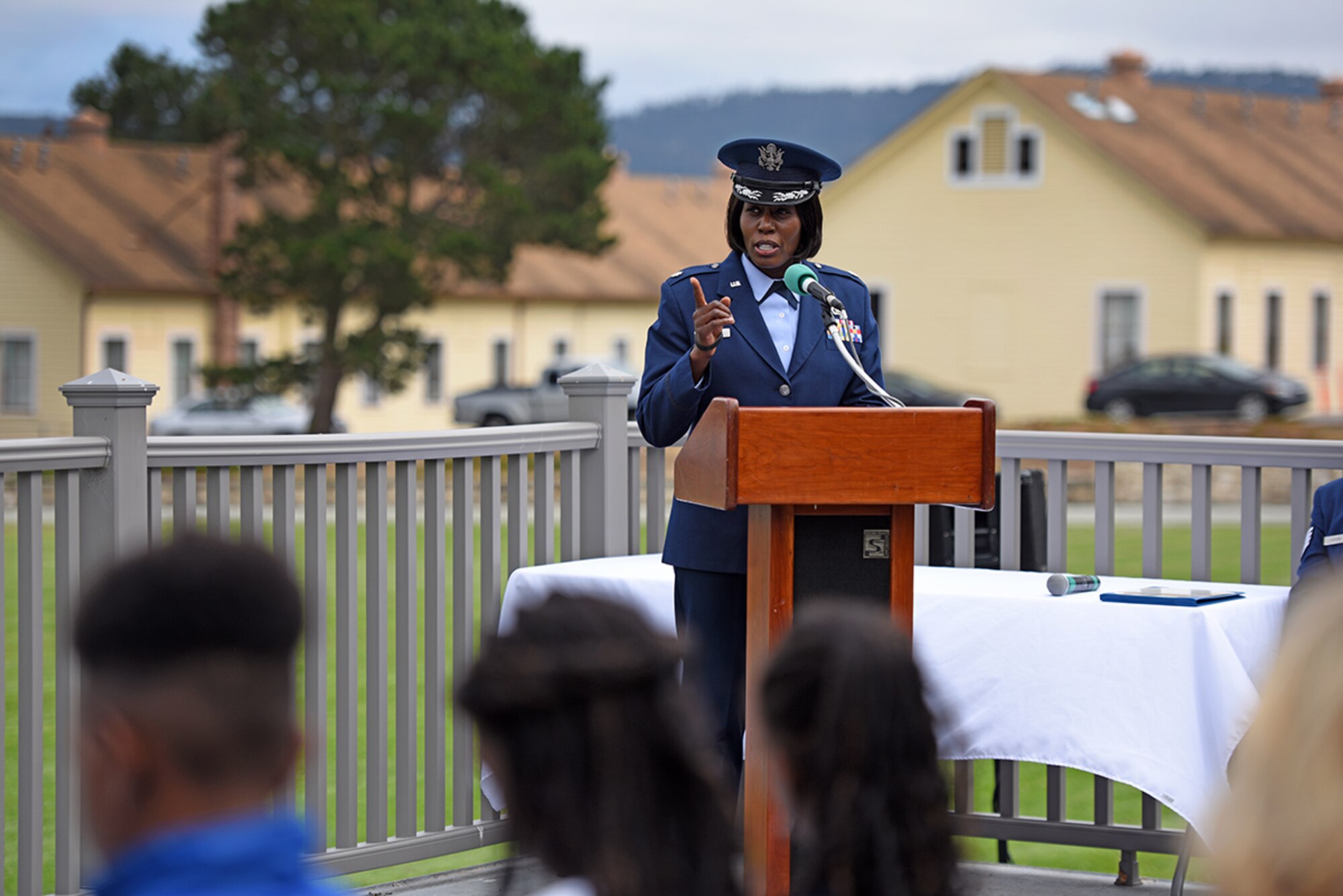 U.S. Air Force Lt. Col. Nicci Rucker, 311th Training Squadron incoming commander, gives her first remarks to the squadron during the change of command on Soldier Field at the Presidio of Monterey, California, July 8, 2019.  The 311th TRS conducts basic language skills and advanced foreign language training at the Defense Language Institute prior to students arriving to Goodfellow Air Force Base, Texas, for follow-on cryptologic linguist training. (Courtesy Photo)