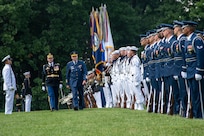 Marine Corps Gen. Joe Dunford, chairman of the Joint Chiefs of Staff, hosts an Armed Forces Full Honor Arrival Ceremony for Finnish Army Gen. Jarmo Lindberg, Finnish Chief of Defense, on Whipple Field at Joint Base Myer-Henderson Hall, July 9, 2019.