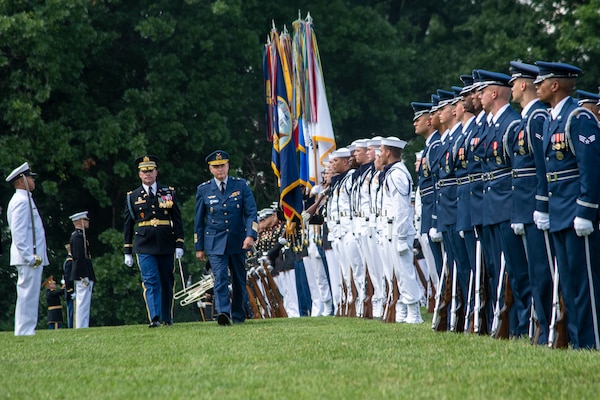 Marine Corps Gen. Joe Dunford, chairman of the Joint Chiefs of Staff, hosts an Armed Forces Full Honor Arrival Ceremony for Finnish Army Gen. Jarmo Lindberg, Finnish Chief of Defense, on Whipple Field at Joint Base Myer-Henderson Hall, July 9, 2019.