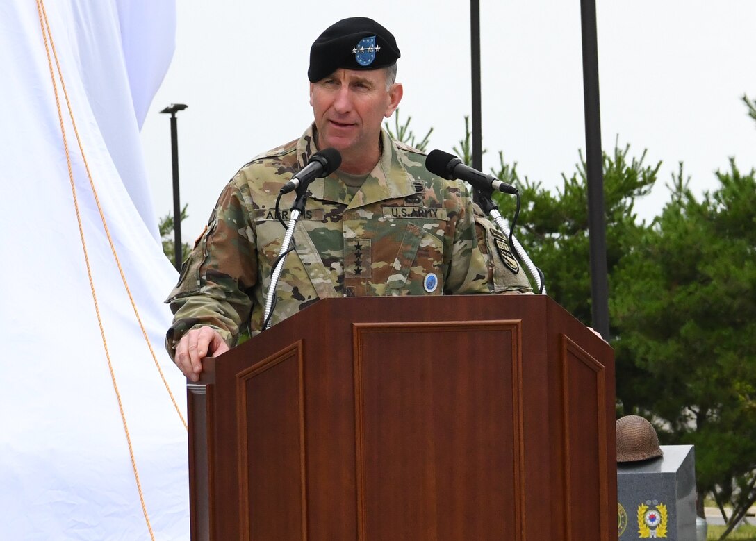 Gen. Robert B. “Abe” Abrams, U.S. Forces Korea, United Nations Command, and Combined Forces Command, commanding general, participated in the ROK-U.S. Alliance sculpture unveiling during a ceremony July 10 at the United States Forces Korea Headquarters building, Camp Humphreys, Republic of Korea.