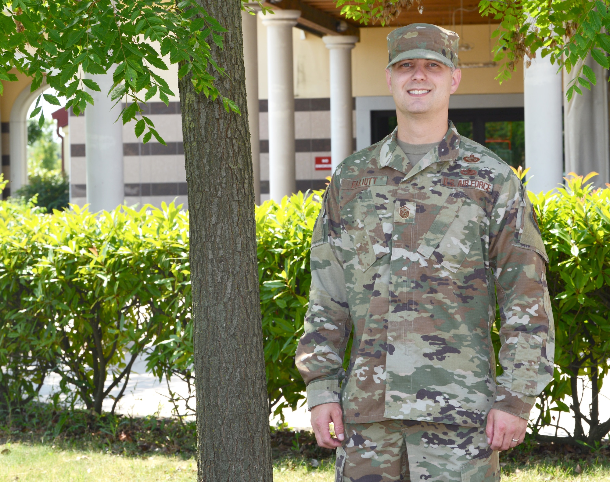 U.S. Air Force Master Sgt. Jacob Elliott, first sergeant from the 731st Munitions Squadron from Camp Darby, Italy, poses for a photo, at Aviano Air Base June 28, 2019. The 731st Munitions Squadron endeavors to be U.S. Air Forces in Europe's premier munitions hub, capable of receiving, maintaining, and shipping munitions by rail, sea, or road to any destination globally. (U.S. Air Force photo by Airman 1st Class Ericka A. Woolever)