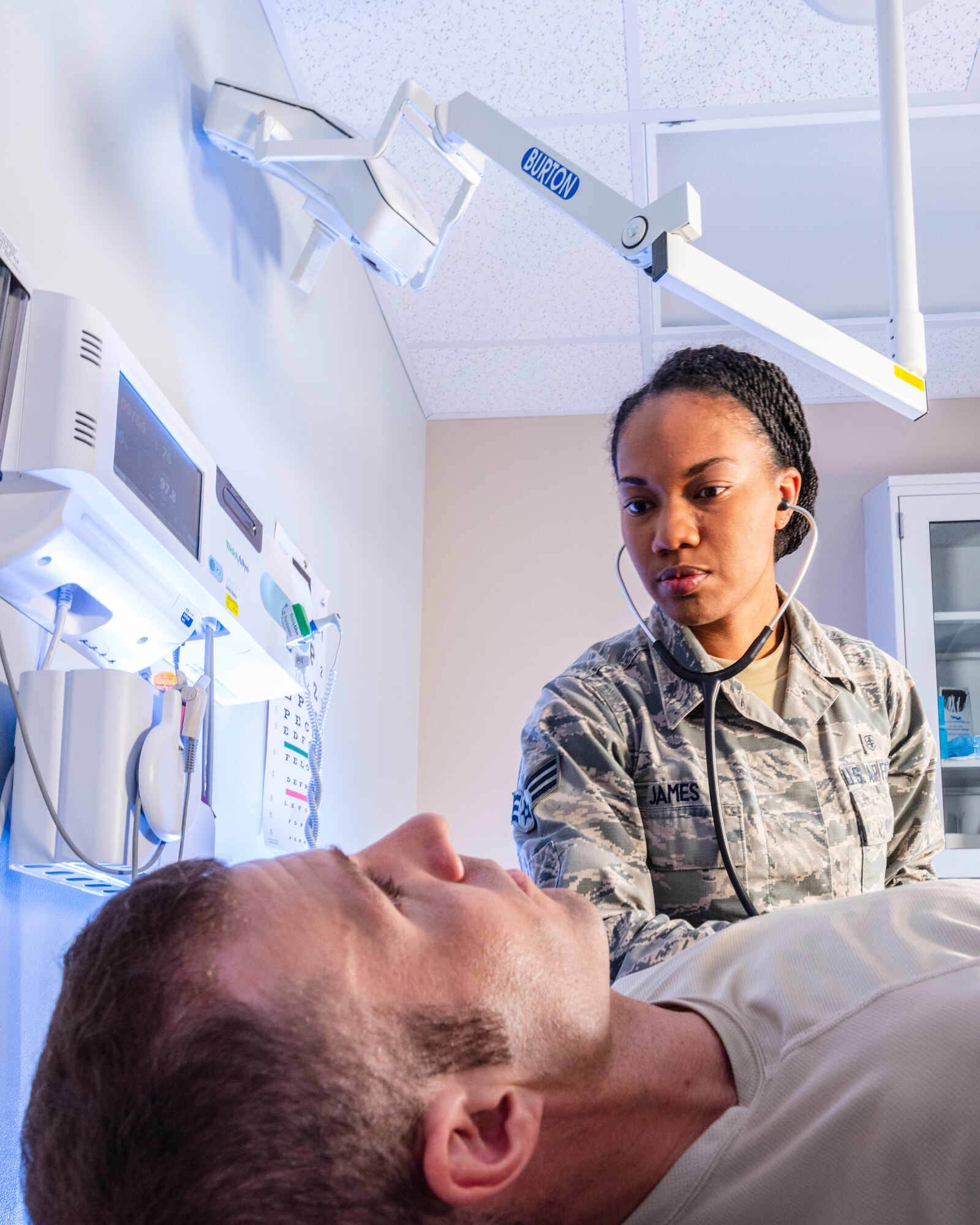 Senior Airman Kaylan James, Flight and Operation Medical Technician assigned to the 913th Aerospace Medicine Squadron, performs a chest and lung examination on a patient, June 13, 2019 at Little Rock Air Force Base, Arkansas. As a FOMT, she is entrusted with creating and managing medical profiles, tracking duty limiting conditions, and mobility restrictions, enabling 913th Airlift Group leadership to effectively manage medical limitations and ensuring a medically ready and deployable force. (U.S. Air Force Reserve photo by Maj. Ashley Walker)