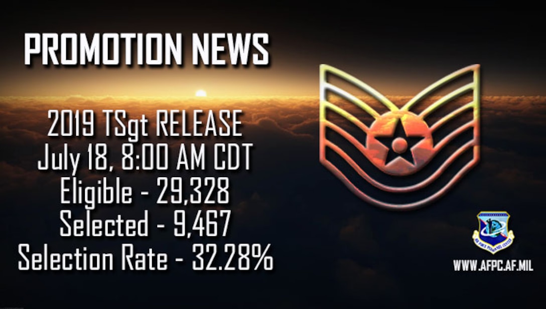 Air Force officials selected 9,467 staff sergeants for promotion to technical sergeant of the 29,328 eligible in the 19E6 promotion cycle. The promotion list will post July 18, 2019. (U.S. Air Force graphic by Kat Bailey)