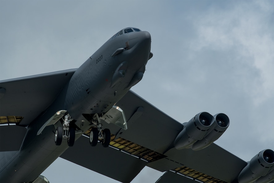 A B-52H Stratofortress takes off from Minot Air Force Base, North Dakota, July 7, 2019.