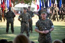 Outgoing commander of U.S. Marine Corps Forces Command (MARFORCOM) Lt. Gen. Mark A. Brilakis, gives remarks during the MARFORCOM change of command ceremony at Naval Support Activity Hampton Roads, Virginia, July 3, 2019. The change of command is a time-honored tradition where all responsibilities and authority are ceremoniously passed from one commander to another. MARFORCOM is one of three major Marine Corps commands, along with U.S. Marine Corps Forces, Pacific and U.S. Marine Corps Forces, Reserve, which generates operating forces to support Unified or Joint Task Force Commanders. (U.S. Marine Corps photo by Sgt. Jessika Braden/ Released)
