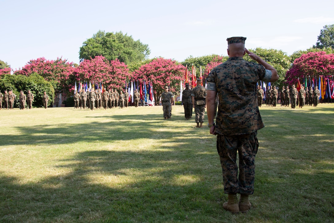 U.S. Marine Corps Lt. Gen. Robert F. Hedelund, the incoming commanding general of U.S. Marine Corps Forces Command dismisses the Marines during the MARFORCOM change of command ceremony at Naval Support Activity Hampton Roads, Virginia, June 27, 2019. The change of command is a time-honored tradition where all responsibilities and authority are ceremoniously passed from one commander to another. MARFORCOM is one of three major Marine Corps commands, along with U.S. Marine Corps Forces, Pacific and U.S. Marine Corps Forces, Reserve, which generates operating forces to support Unified or Joint Task Force Commanders. (U.S. Marine Corps photo by Sgt. Jessika Braden/ Released)