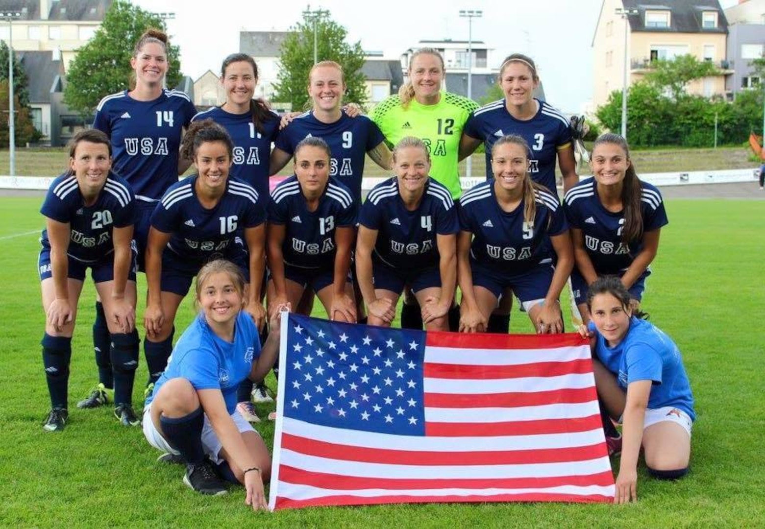 RENNES, France  (May 31, 2016) -- U.S. Armed Forces Women's Soccer Team prior to facing South Korea in the 2016 World Women's Football Cup on 31 May.  The 2016 Conseil International du Sport Militaire (CISM) World Football Cup was hosted in Rennes, France 24 May to 6 June, 2016. Then 1st Lt. Kate Herren stands fifth from left, back row. Herren is currently on the first Armed Forces Sports All-Service Women's Rugby Team. (courtesy photo)