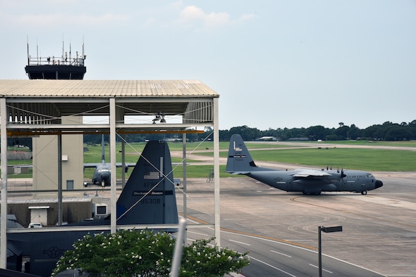 A WC-130J Super Hercules from the 53rd Weather Reconnaissance Squadron, aka Hurricane Hunters, taxis to the runway July 10, 2019 at Keesler Air Force Base, Mississippi. The Super Hercules aircraf took off midday for an investigative flight into a tropical depression over the Gulf of Mexico. (U.S. Air Force photo by Tech. Sgt. Christopher Carranza)