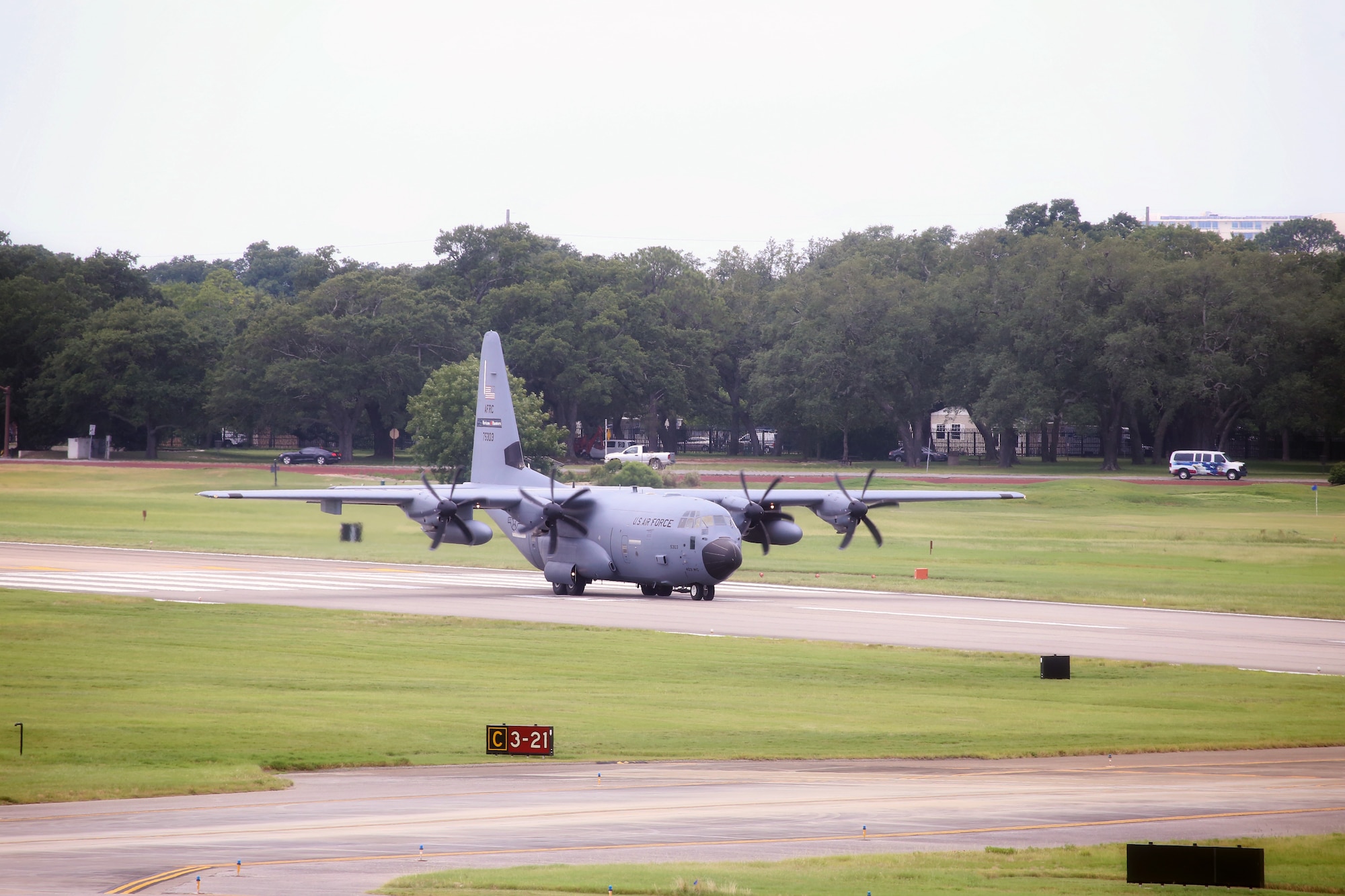 A WC-130J Super Hercules from the 53rd Weather Reconnaissance Squadron, aka Hurricane Hunters, begins to takeoff July 10, 2019 at Keesler Air Force Base, Mississippi. Tail number 75303 took off midday for an investigative flight into a tropical depression over the Gulf of Mexico. (Courtesy photo)