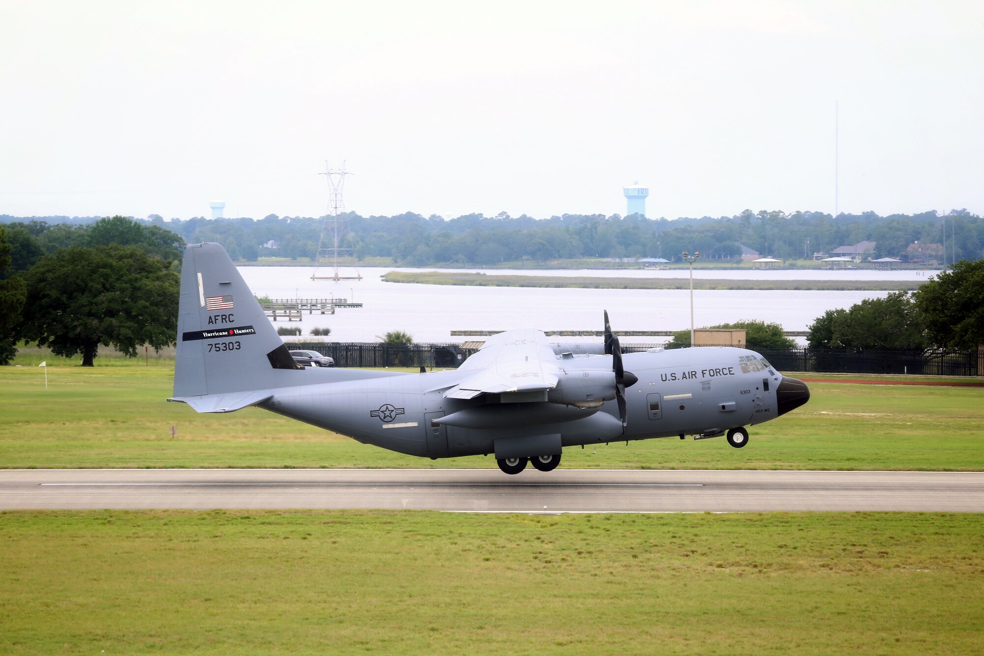 A WC-130J Super Hercules from the 53rd Weather Reconnaissance Squadron, aka Hurricane Hunters, takes off July 10, 2019 from Keesler Air Force Base, Mississippi. Tail number 75303 took off midday for an investigative flight into a tropical depression over the Gulf of Mexico. (Courtesy photo)