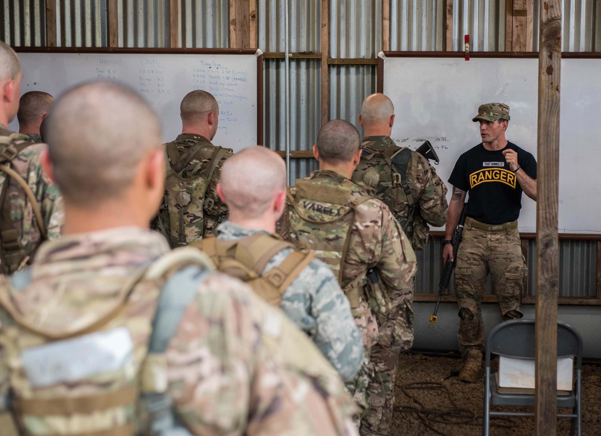 Tech. Sgt. Keegan Donnelly, Ranger Assessment Course lead cadre, talks to Airmen about land navigation during the Ranger Assessment Course, near Schofield Barracks, Oahu, Hawaii, May 13, 2019. Twenty-three Airmen from across the Air Force recently converged on a training camp for a three-week RAC near Schofield Barracks, May 12-31, 2019. For this iteration, the Air Force collaborated with the Army’s 25th Infantry Division, Small Unit Ranger Tactics Program – their version of a pre-Ranger course – in order to gain a better understanding for the way the Army prepares their candidates for Ranger School. (U.S. Air Force photo by Staff Sgt. Hailey Haux)