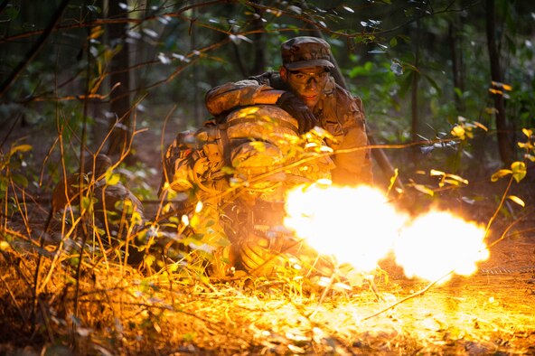 Staff Sgts. Jose Obregon and Joseph Pace, Ranger Assessment Course students, fire on opposing forces during a simulated react to contact near Schofield Barracks, Oahu, Hawaii, May 23, 2019. Twenty-three Airmen from across the Air Force recently converged on a training camp for a three-week Ranger Assessment Course May 12-31, 2019. The Airmen who pass the Ranger Assessment Course gain more than a ticket into Ranger School and knowledge on Army tactics – they learn to lead. (U.S. Air Force photo by Staff Sgt. Hailey Haux)