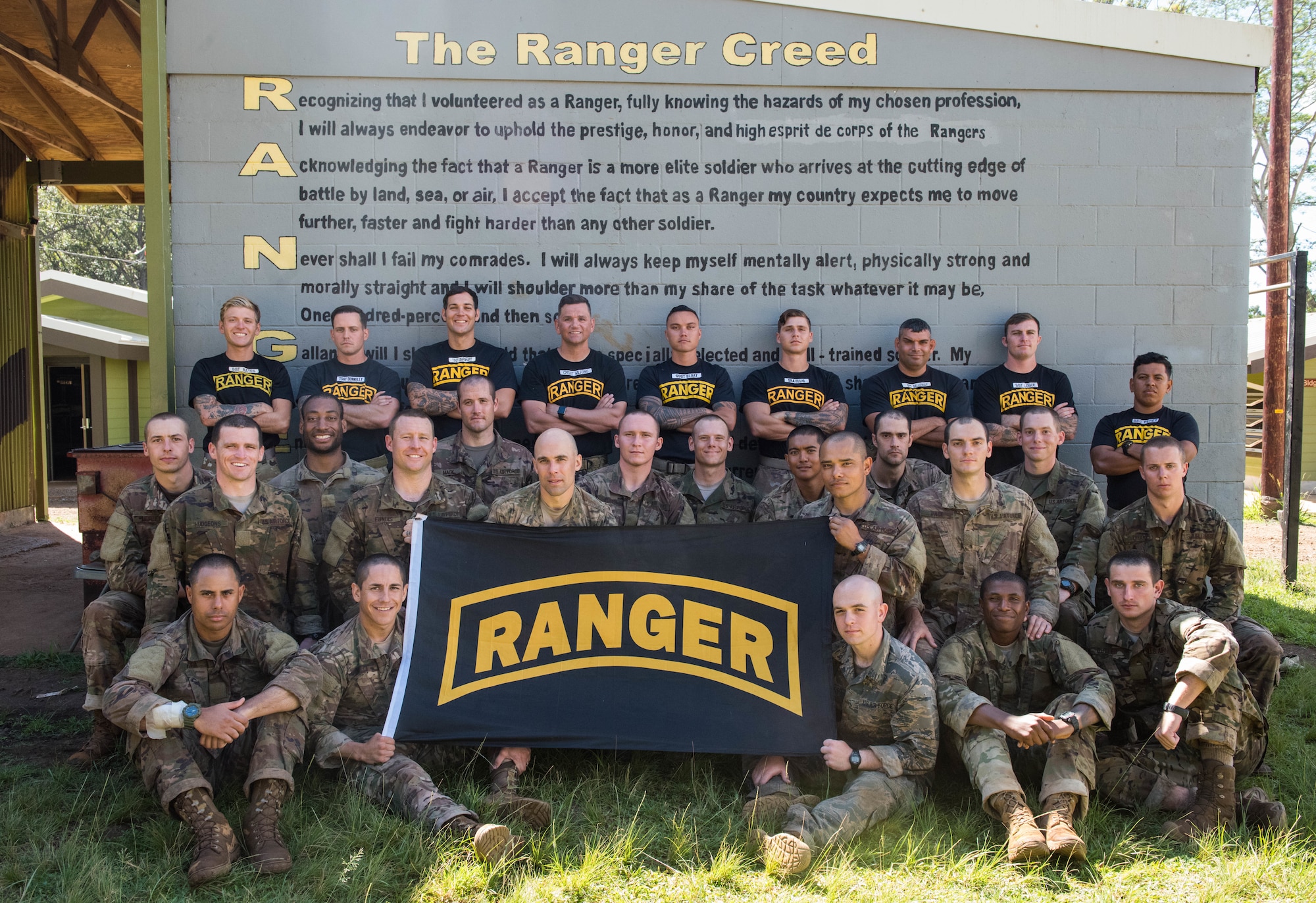 Ranger Assessment Course students and cadre pose for a group photo at the end of the 19-day course near Schofield Barracks, Oahu, Hawaii, May 29, 2019. The purpose of the three-week course is to prepare, assess and evaluate Air Force candidates for Army Ranger School. Of the 23 Airmen who began the Ranger Assessment Course, three dropped for personal motivational reasons and one dropped for medical reasons, leaving 19 standing at the end. Out of the 19, 11 Airmen met all the standards needed for a recommendation to go forward to Ranger School. (U.S. Air Force photo by Staff Sgt. Hailey Haux)