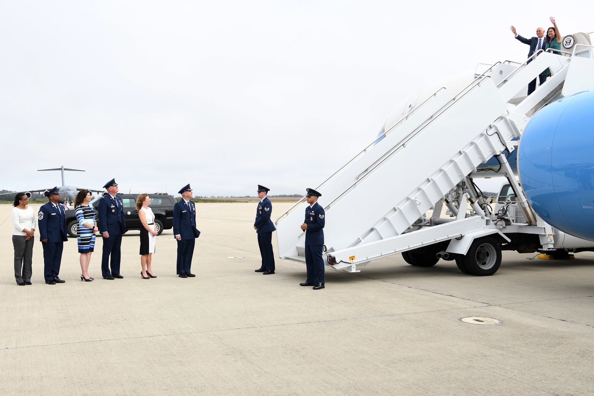 Vice President Michael R. Pence and Mrs. Karen Pence arrive in Air Force Two on the flightline July 10, 2019, at Vandenberg Air Force Base, Calif.