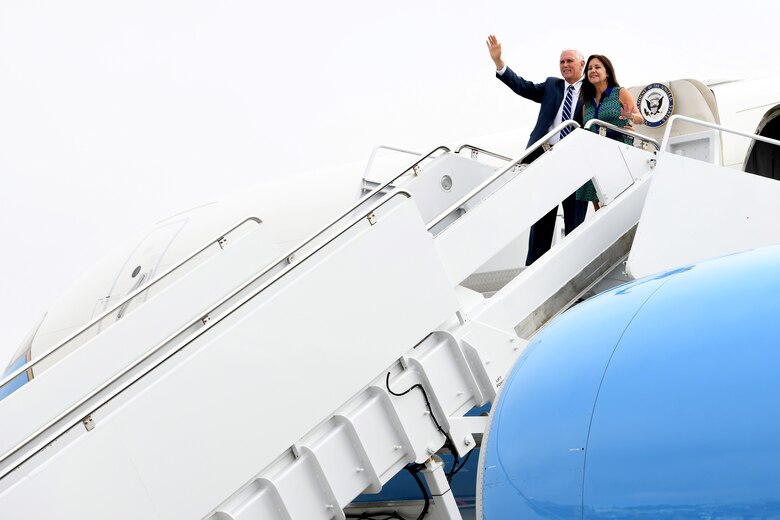 Vice President Michael R. Pence and Mrs. Karen Pence arrive in Air Force Two on the flightline July 10, 2019, at Vandenberg Air Force Base, Calif.