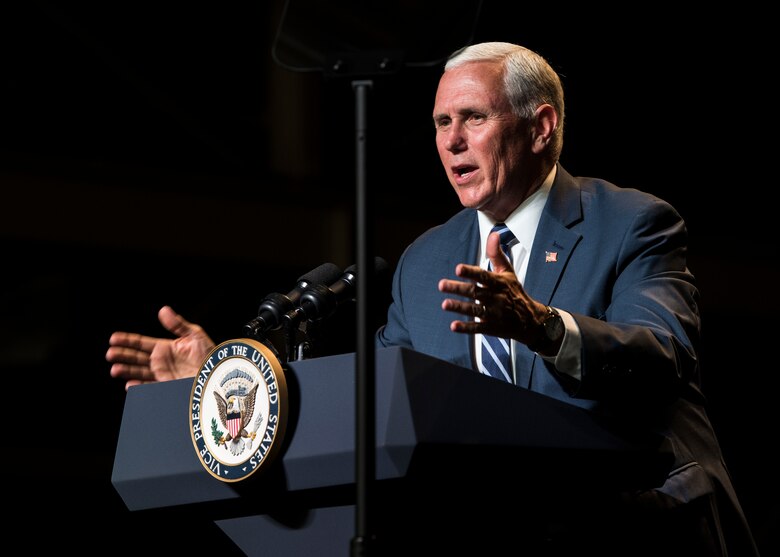 Vice President Michael R. Pence hosts an all-call in the Combined Space Operations Center July 10, 2019, at Vandenberg Air Force Base, Calif. Pence received briefings on the evolution of launch operations at the Western Range and CSpOC operations. He also thanked the service members as well as touched on the importance of Vandenberg’s role in protecting space as a warfighting domain. (U.S. Air Force photo by Airman 1st Class Aubree Milks)
