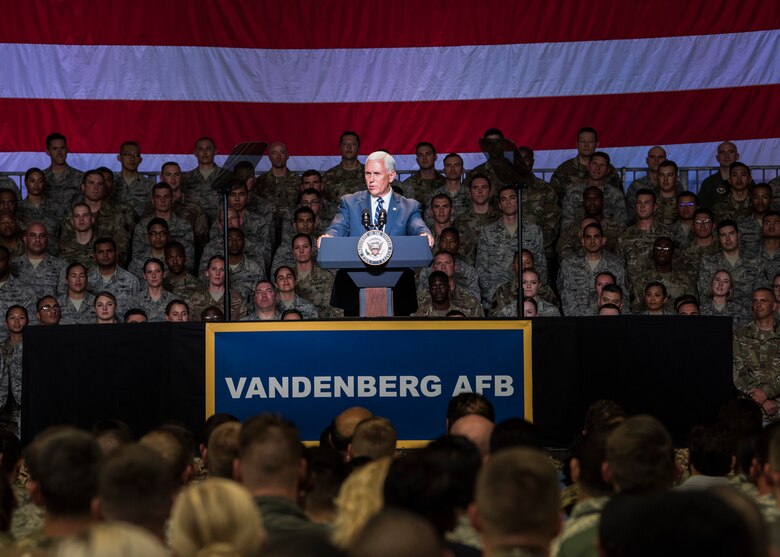 Vice President Michael R. Pence hosts an all-call in the Combined Space Operations Center July 10, 2019, at Vandenberg Air Force Base, Calif. Pence received briefings on the evolution of launch operations at the Western Range and CSpOC operations. He also thanked the service members as well as touched on the importance of Vandenberg’s role in protecting space as a warfighting domain. (U.S. Air Force photo by Airman 1st Class Aubree Milks)