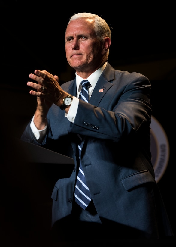 Vice President Michael R. Pence hosts an all-call in the Combined Space Operations Center July 10, 2019, at Vandenberg Air Force Base, Calif. Pence received briefings on the evolution of launch operations at the Western Range and CSpOC operations. He also thanked the service members as well as touched on the importance of Vandenberg’s role in protecting space as a warfighting domain. (U.S. Air Force photo by Airman 1st Class Aubree Milks)