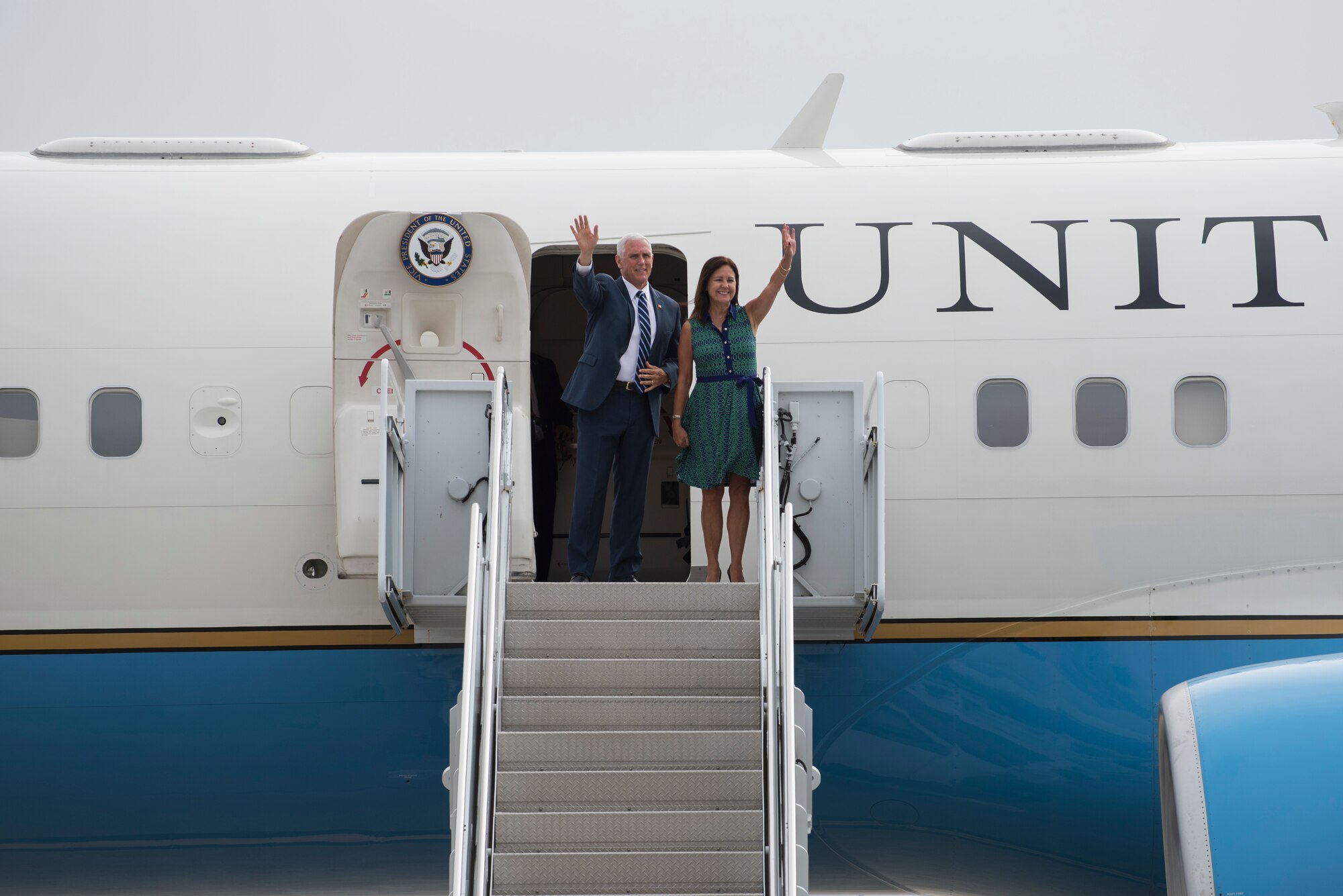 Vice President Michael R. Pence and Mrs. Karen Pence arrive in Air Force Two on the flightline July 10, 2019, at Vandenberg Air Force Base, Calif.