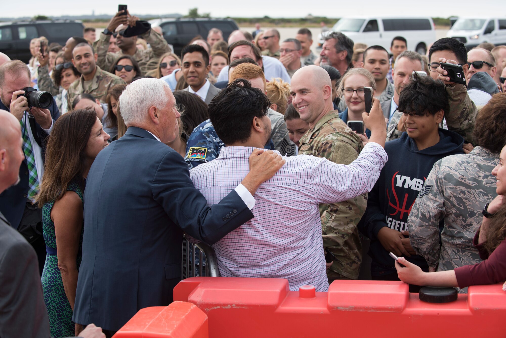 Vice President Michael R. Pence and Mrs. Karen Pence arrive in Air Force Two on the flightline July 10, 2019, at Vandenberg Air Force Base, Calif.