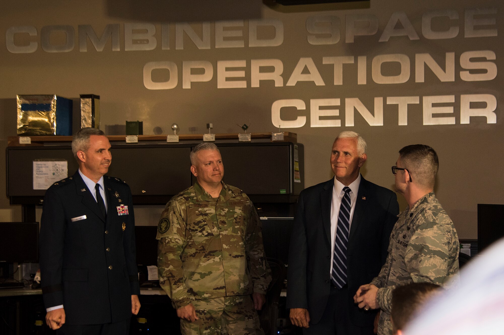 Vice President Mike Pence tours the Combined Space Operations Center July 10, 2019, at Vandenberg Air Force Base, Calif. While at the CSpOC, Pence met with base leadership and received briefings on the evolution of launch operations at the Western Range and CSpOC operations, which concluded with an all-call to the service men and women of Vandenberg AFB. (U.S. Air Force photo by Airman 1st Class Hanah Abercrombie)