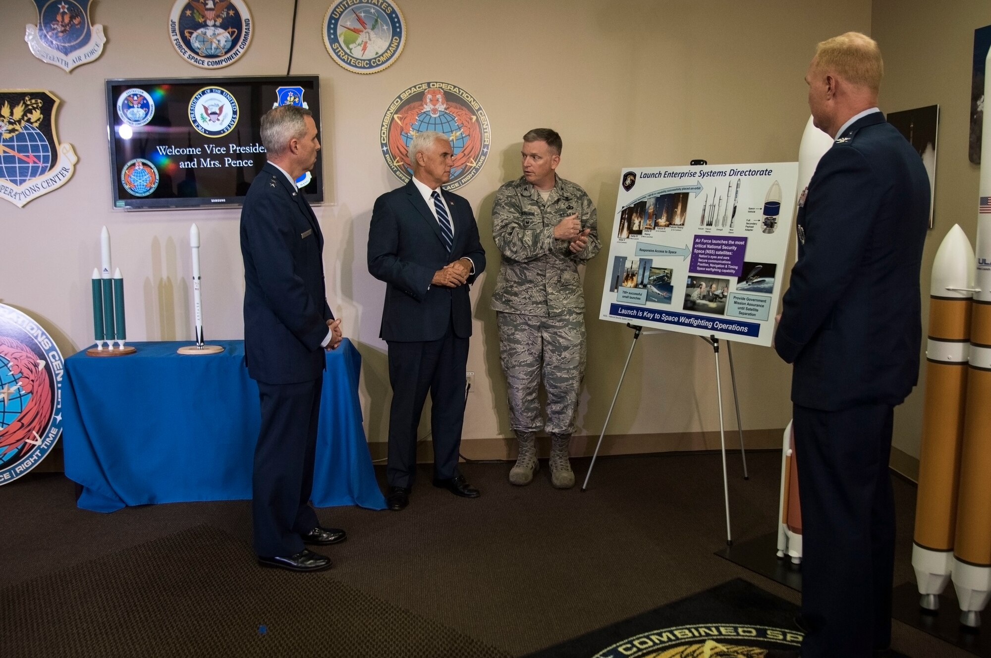 Vice President Mike Pence tours the Combined Space Operations Center July 10, 2019, at Vandenberg Air Force Base, Calif. While at the CSpOC, Pence met with base leadership and received briefings on the evolution of launch operations at the Western Range and CSpOC operations, which concluded with an all-call to the service men and women of Vandenberg AFB. (U.S. Air Force photo by Airman 1st Class Hanah Abercrombie)