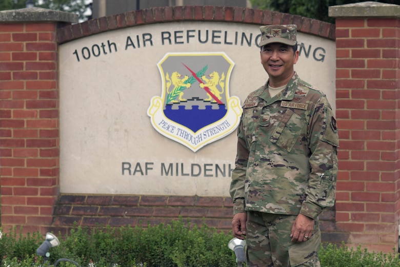 U.S. Air Force Col. Troy Pananon, 100th Air Refueling Wing commander, poses for a photo at RAF Mildenhall, England, July 9, 2019. Pananon served five years as an enlisted Marine prior to receiving his commission from Embry-Riddle Aeronautical University, Daytona Beach, Fla., in 1996. He was initially assigned as a maintenance officer at Hurlburt Field, Fla., and then attended Undergraduate Pilot Training at Columbus Air Force Base, Miss. (U.S. Air Force photo by Senior Airman Benjamin Cooper)