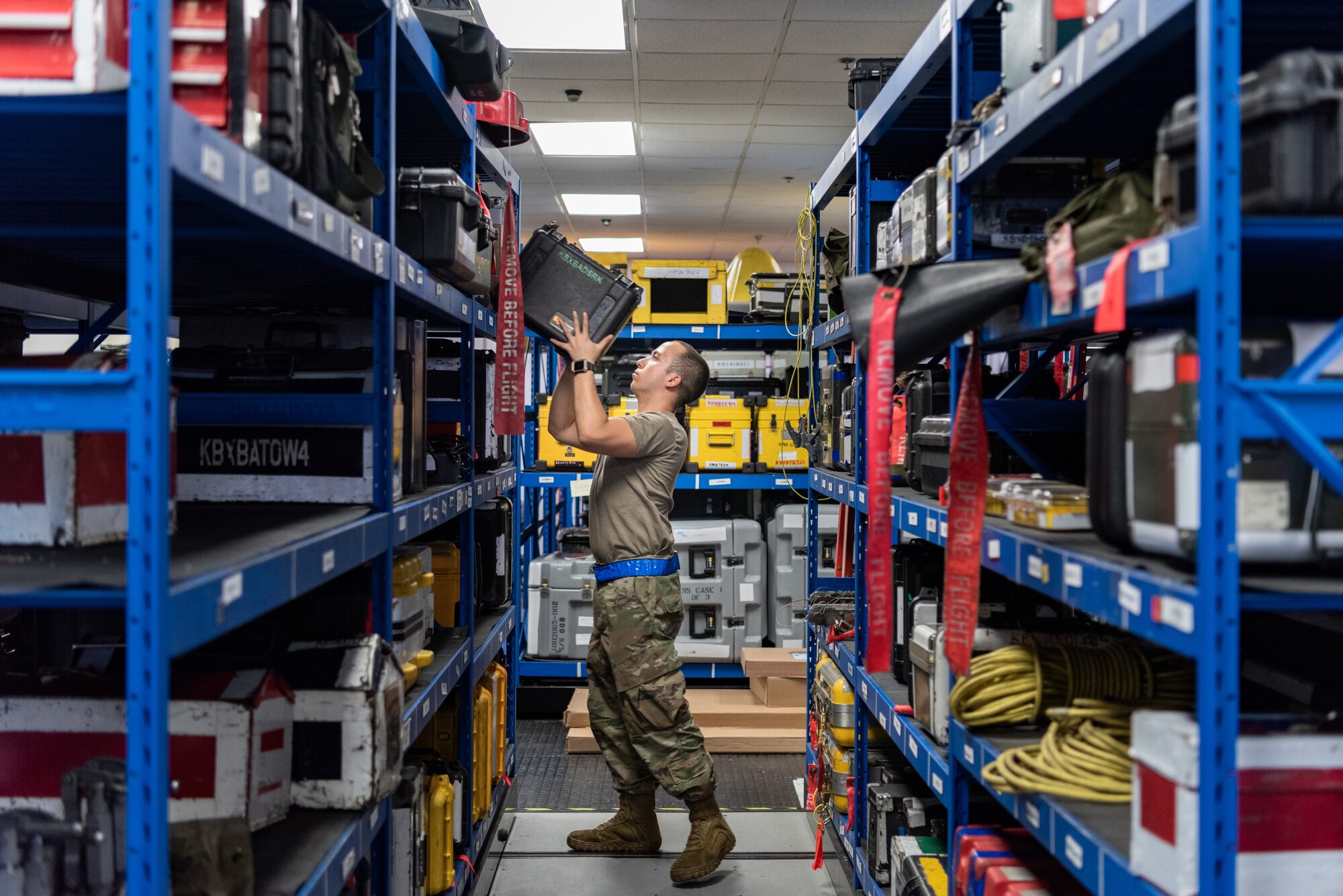 U.S. Air Force Senior Airman Adam Alvarez Martinez, F-15C Eagle support journeyman assigned to the 44th Aircraft Maintenance Unit, signs out an Airframe Mounted Accessories Drive seal removal kit June 27, 2019, on Kadena Air Base, Japan.
