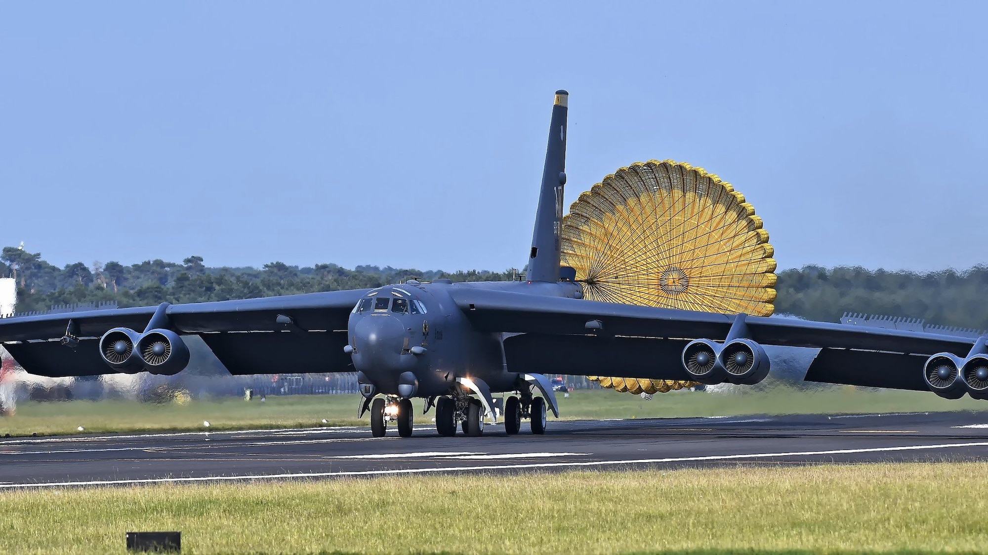 A B-52H Stratofortress from Minot Air Force Base, North Dakota, lands at RAF Mildenhall, England, after experiencing an in-flight emergency June 17, 2019. The B-52H was operating in the European theater supporting several exercises while in the region. (Courtesy photo)